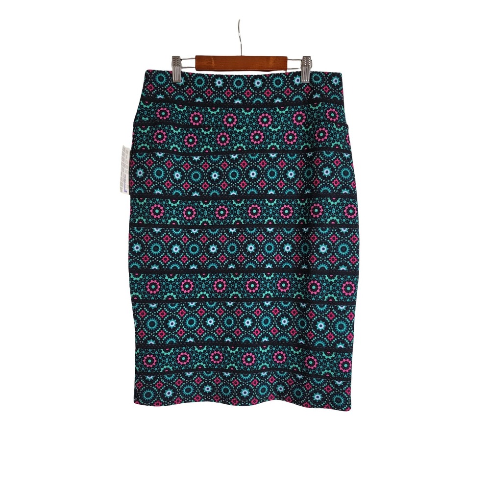 LuLaRoe Cassie Pencil Skirt Large Teal Pink Geometric Kaleidoscope Stretch NWT